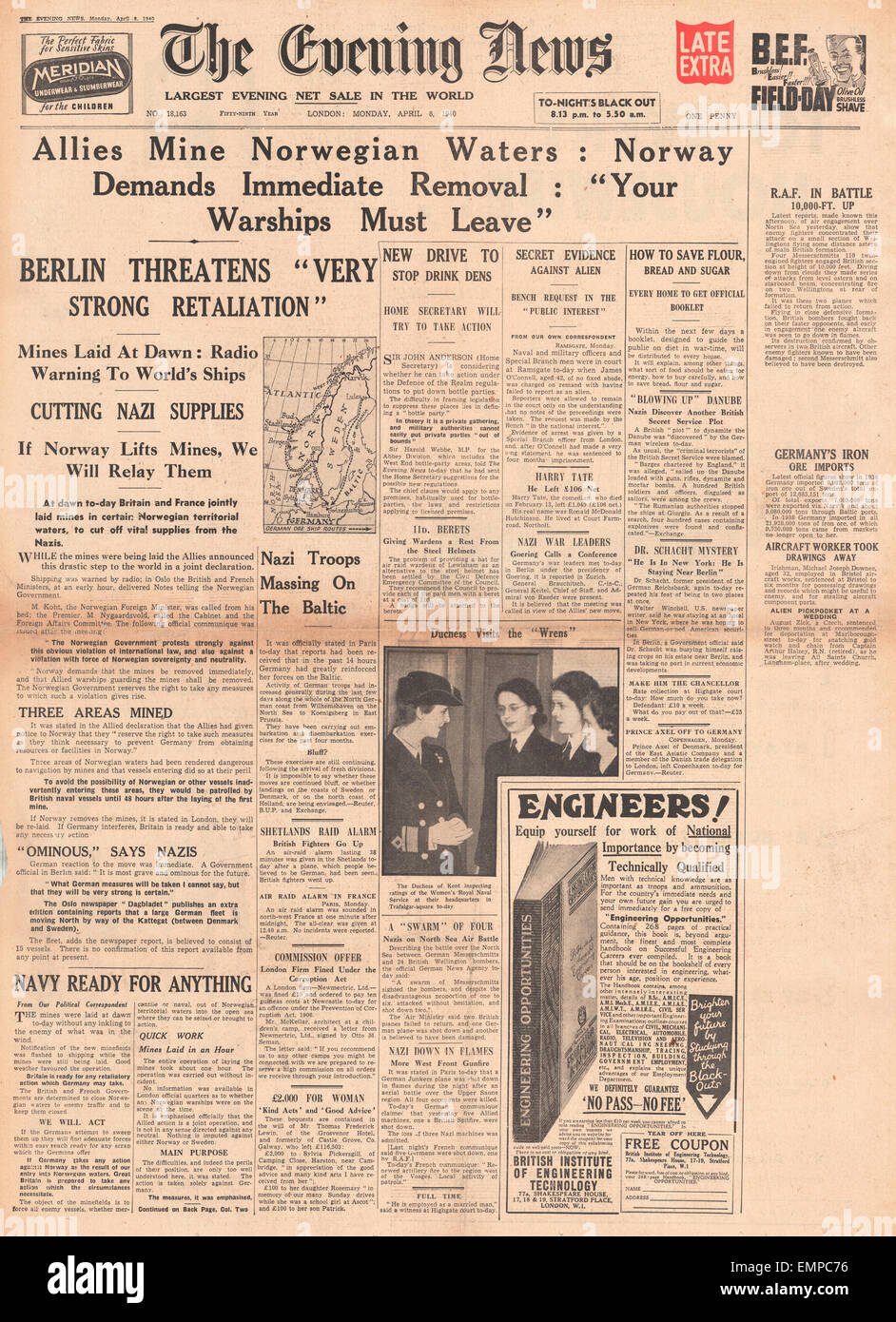 1940 front page Evening News (Londres) mine alliés eaux norvégiennes au gouvernement norvégien protestations exige leur suppression Banque D'Images