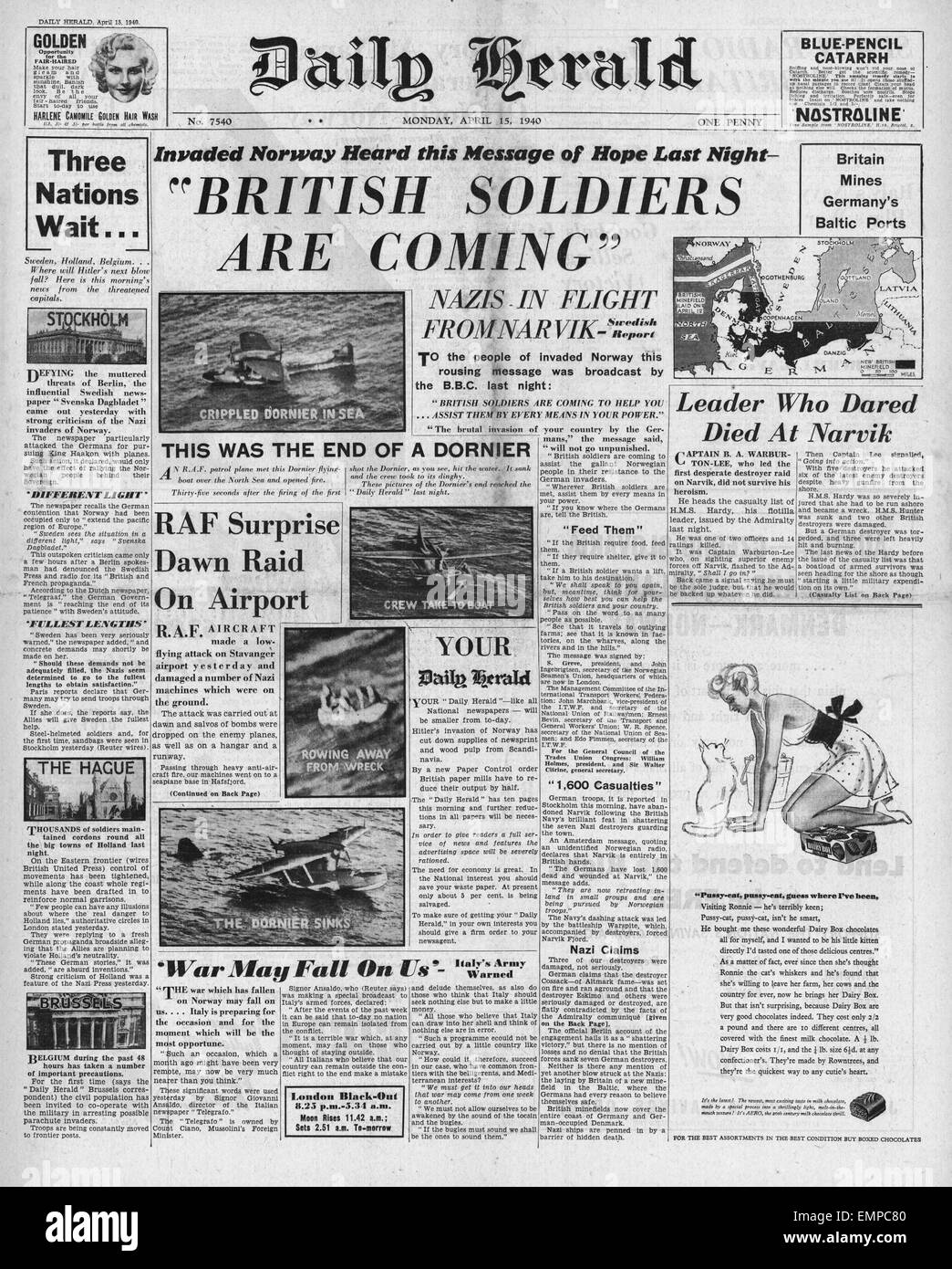 1940 front page Daily Herald Norwegian radio BBC entend message 'les  Britanniques viennent' Photo Stock - Alamy