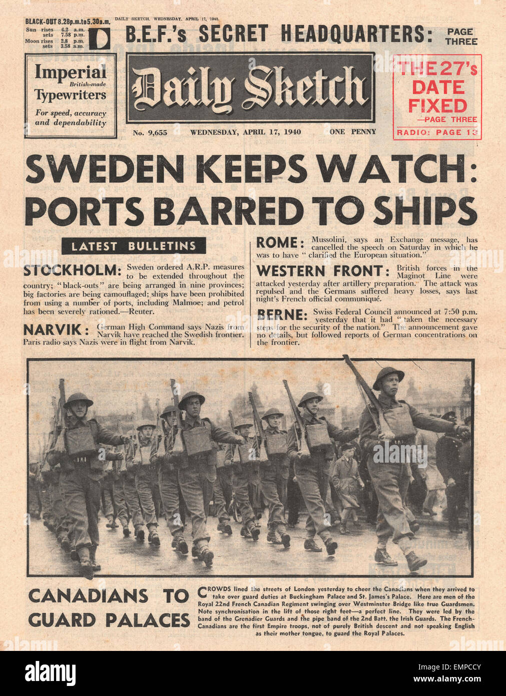 1940 front page Daily Sketch Suède en alerte les troupes canadiennes mars à Londres Banque D'Images