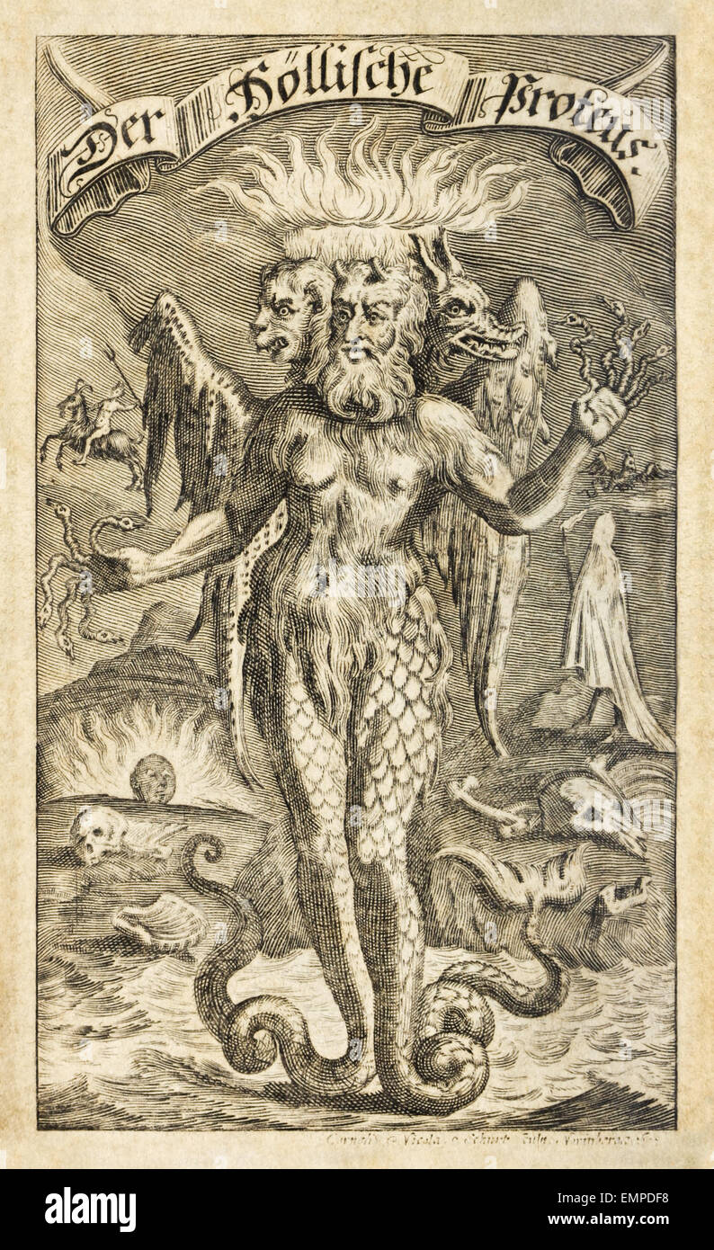 Frontispice de 'Der Höllische Proteus' ('l'infernal Proteus') par Erasmus Finx (1627-1694) publié en 1695. Voir la description pour plus d'informations. Banque D'Images