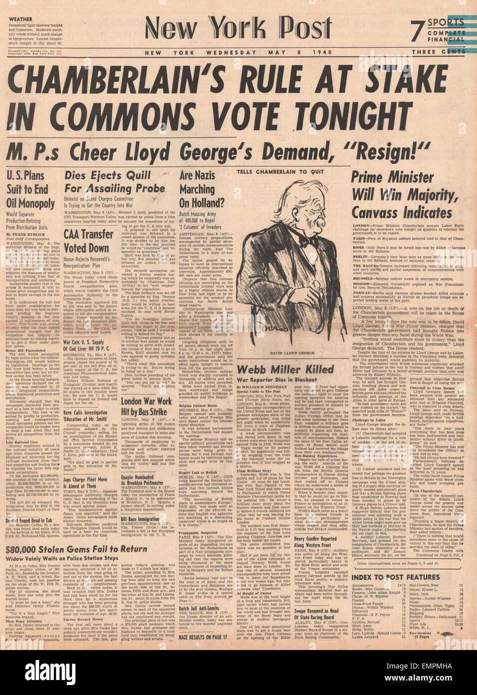 1940 front page New York Post communes vote sur le gouvernement de Chamberlain Banque D'Images