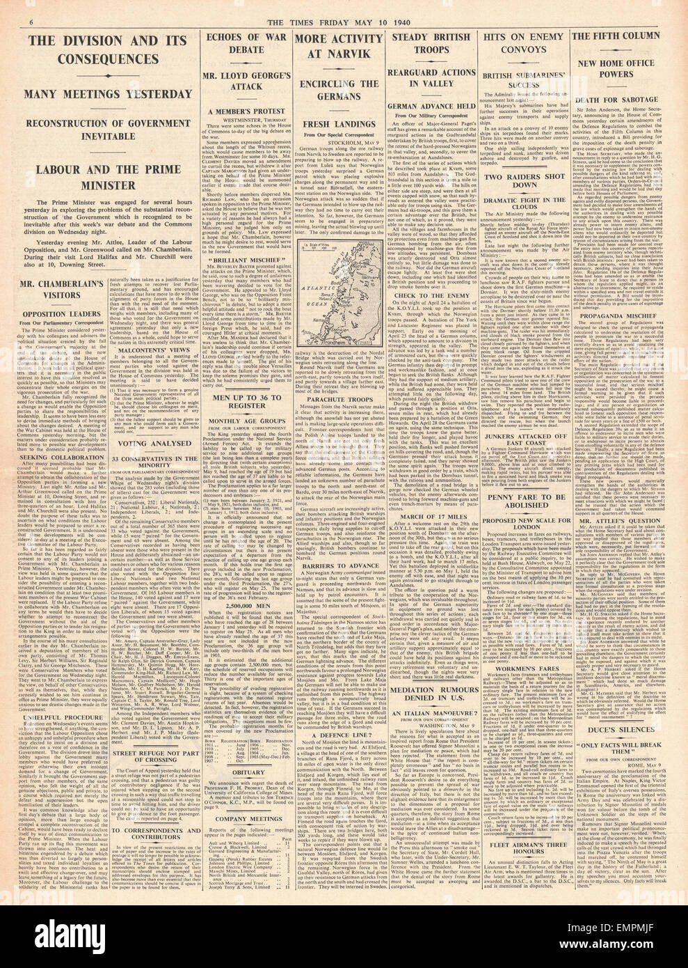 1940 page 6 la fois Chamberlain en pourparlers avec les dirigeants syndicaux Atlee Greenwood Banque D'Images