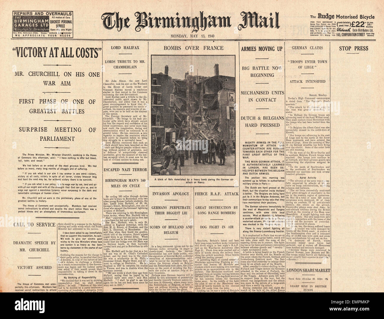 1940 front page Birmingham Mail Discours Churchill "la victoire à tout prix" parler de "du sang, des larmes de sueur Banque D'Images