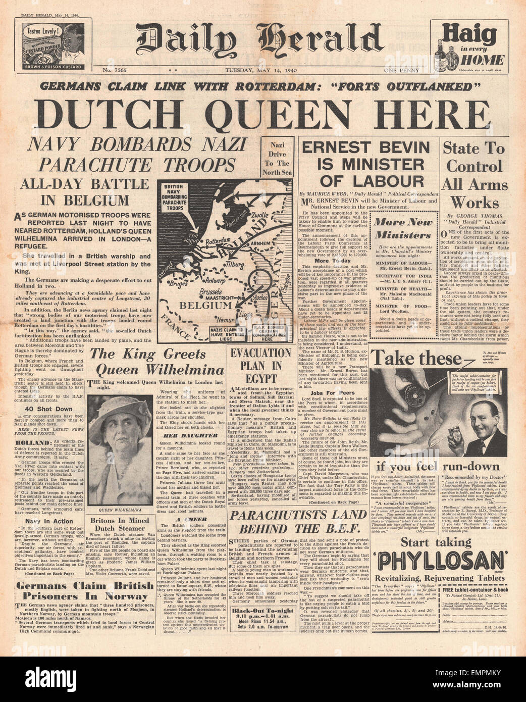 1940 front page Daily Herald, la reine Juliana des Pays-Bas arrive en Grande-Bretagne Banque D'Images