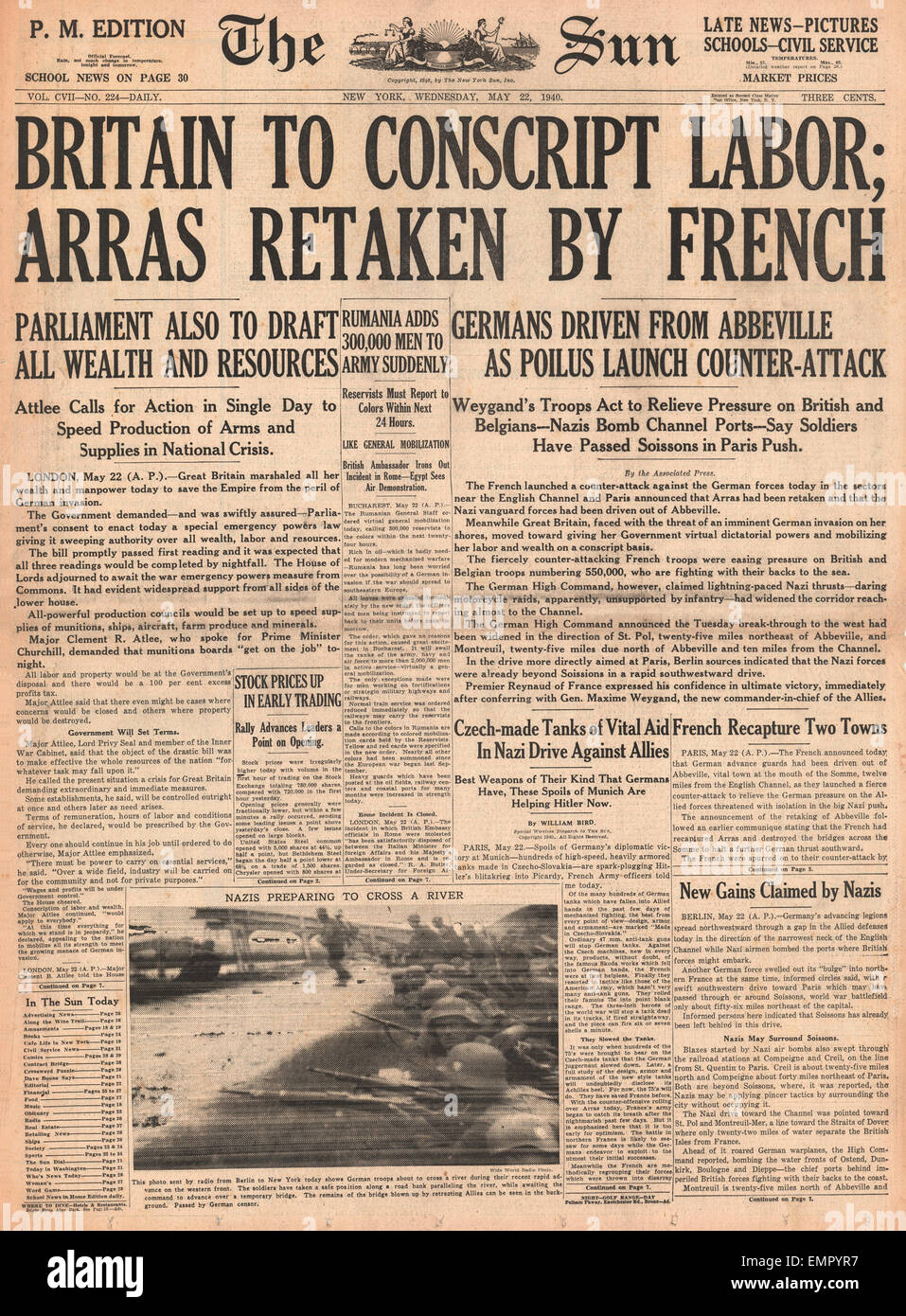 1940 front page Le Soleil (New York) Gouvernement Britannique conscrit les troupes françaises de la main-d'Arras récupération Banque D'Images