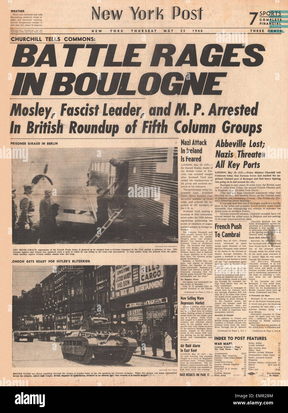 1940 front page New York Post batailles font rage dans la région de Boulogne Banque D'Images