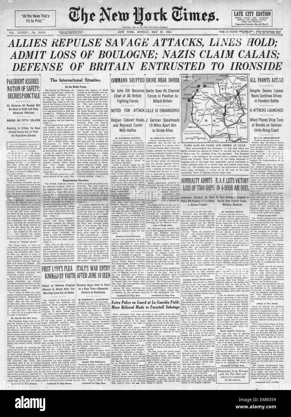 1940 front page New York Times capture de l'armée allemande Boulogne Calais Banque D'Images