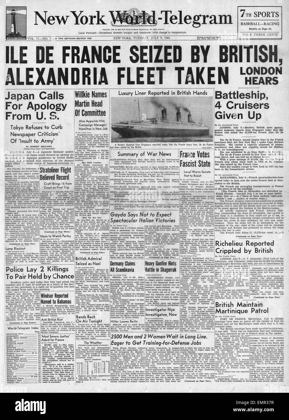 1940 front page New York World Telegram paquebot Ile De France français saisis par la Marine royale Banque D'Images