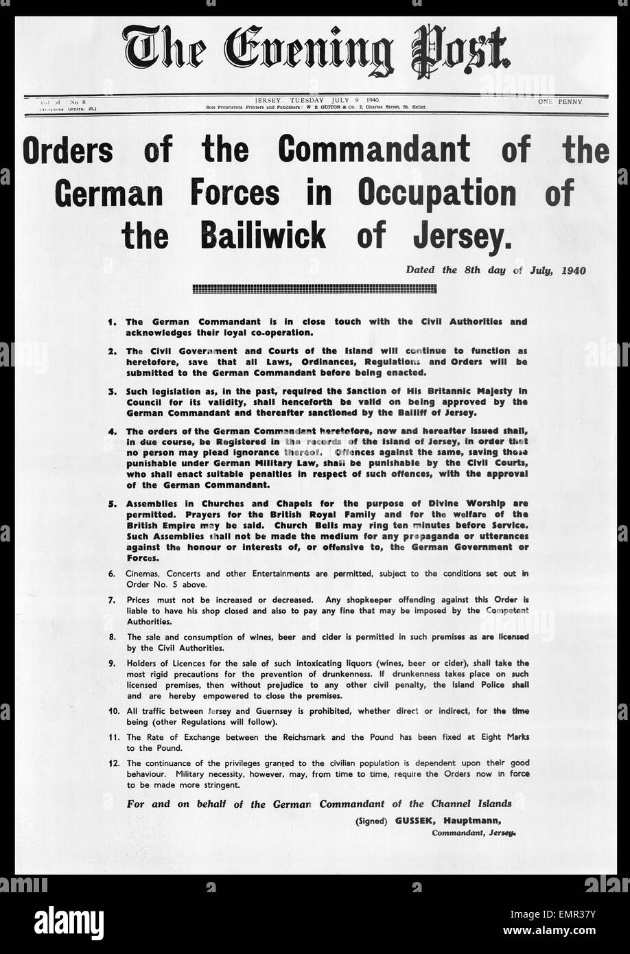 1940 front page Evening Post (Jersey) affiche l'occupation des forces allemandes Banque D'Images