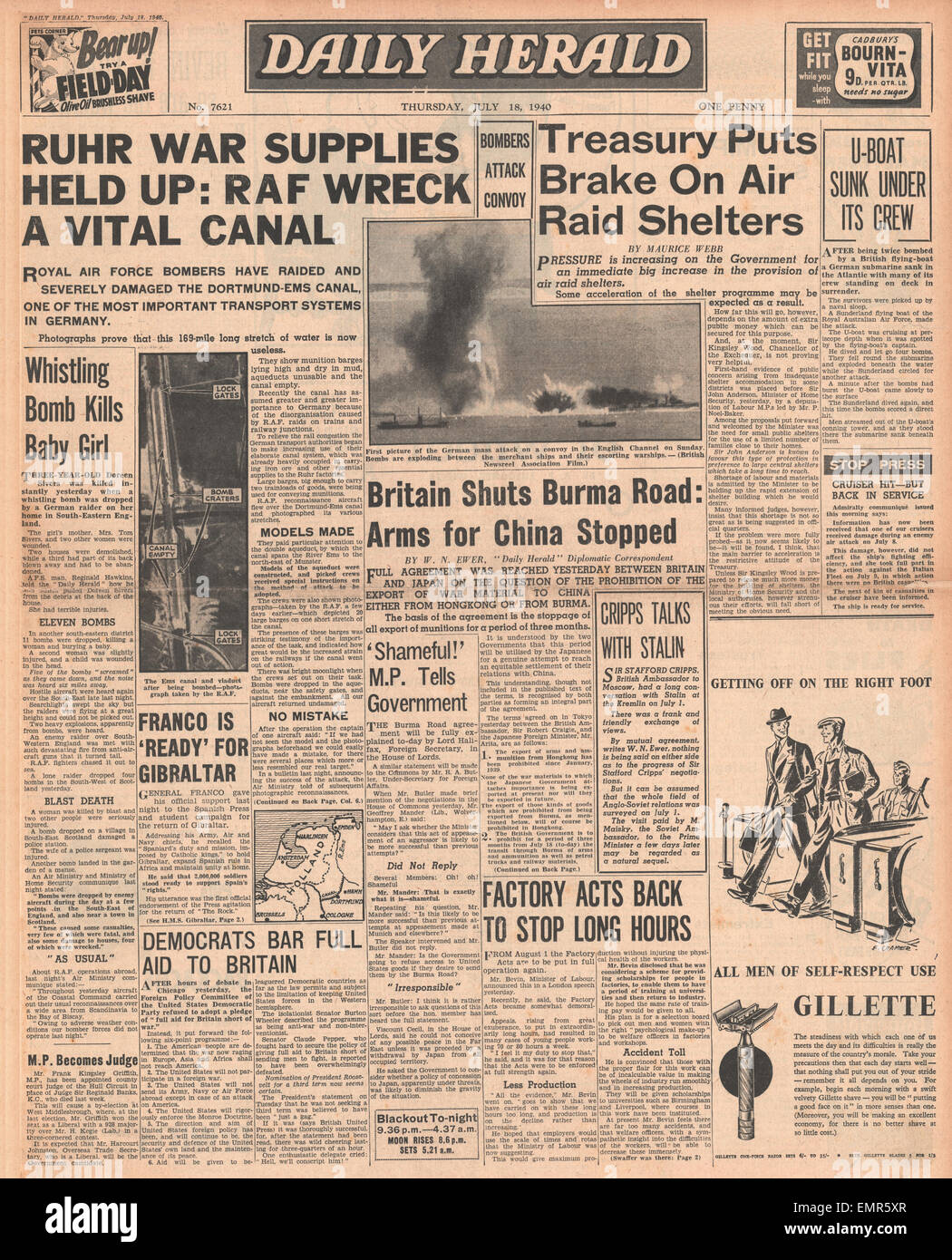 1940 front page Daily Herald RAF attaque sur le canal Dortmund-Ems demandent au gouvernement du trésor pour plus d'Air abris Banque D'Images