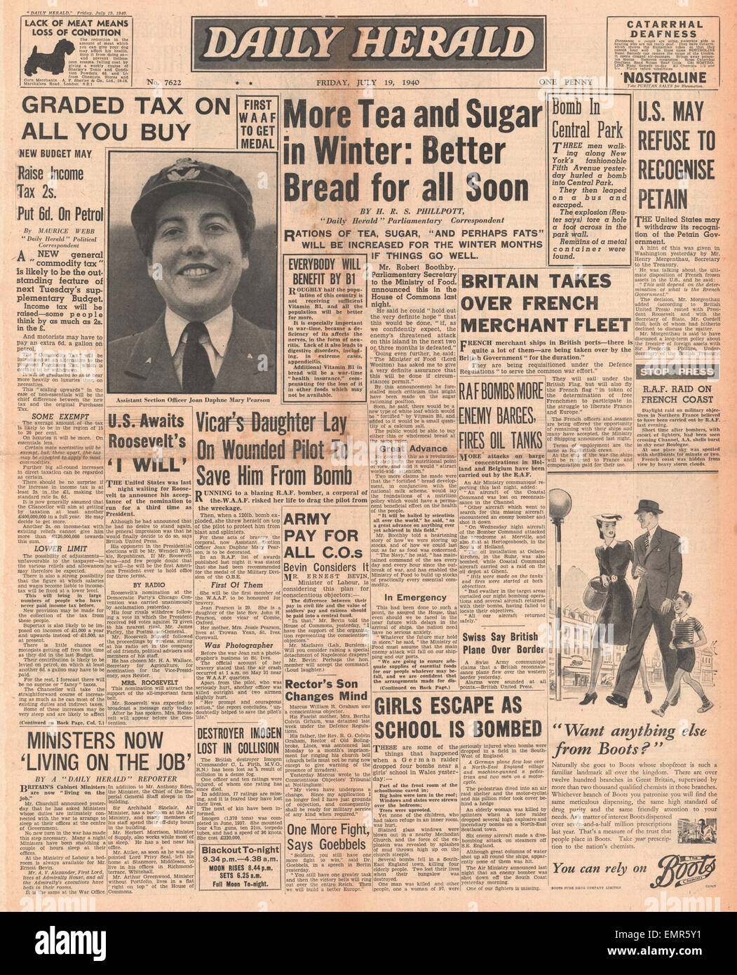 1940 front page Express Plus de thé et sucre dans les rations de pain mieux d'hiver Banque D'Images