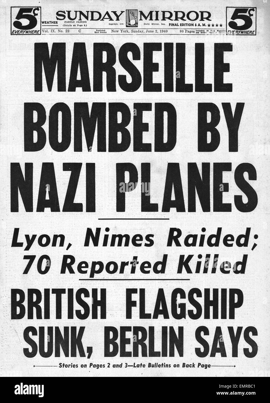 1940 front page New York Sunday Mirror raid de bombardement allemand sur Marseille Banque D'Images