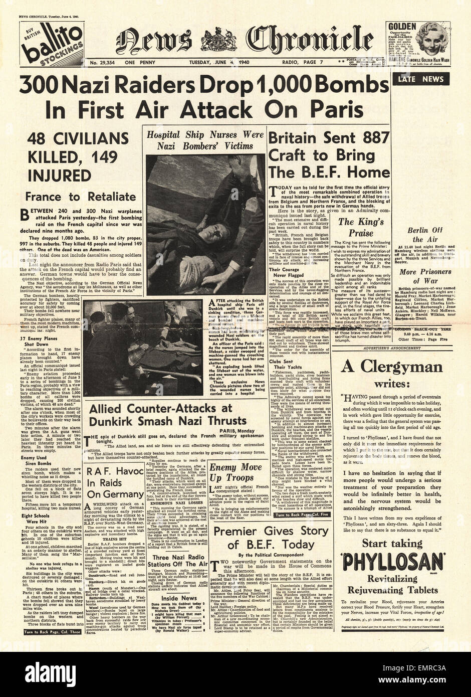 1940 Front Page News Chronicle raid de bombardement allemand sur Paris Banque D'Images