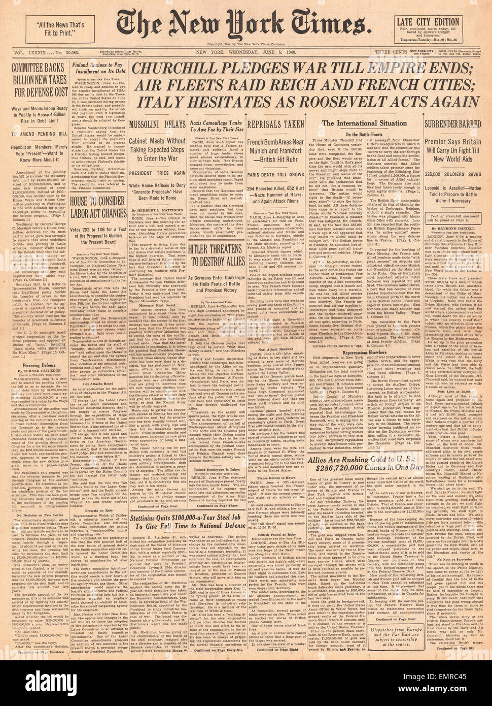 1940 front page New York Times le premier ministre britannique, Winston Churchill, promesses de la Grande-Bretagne se battra sur Banque D'Images