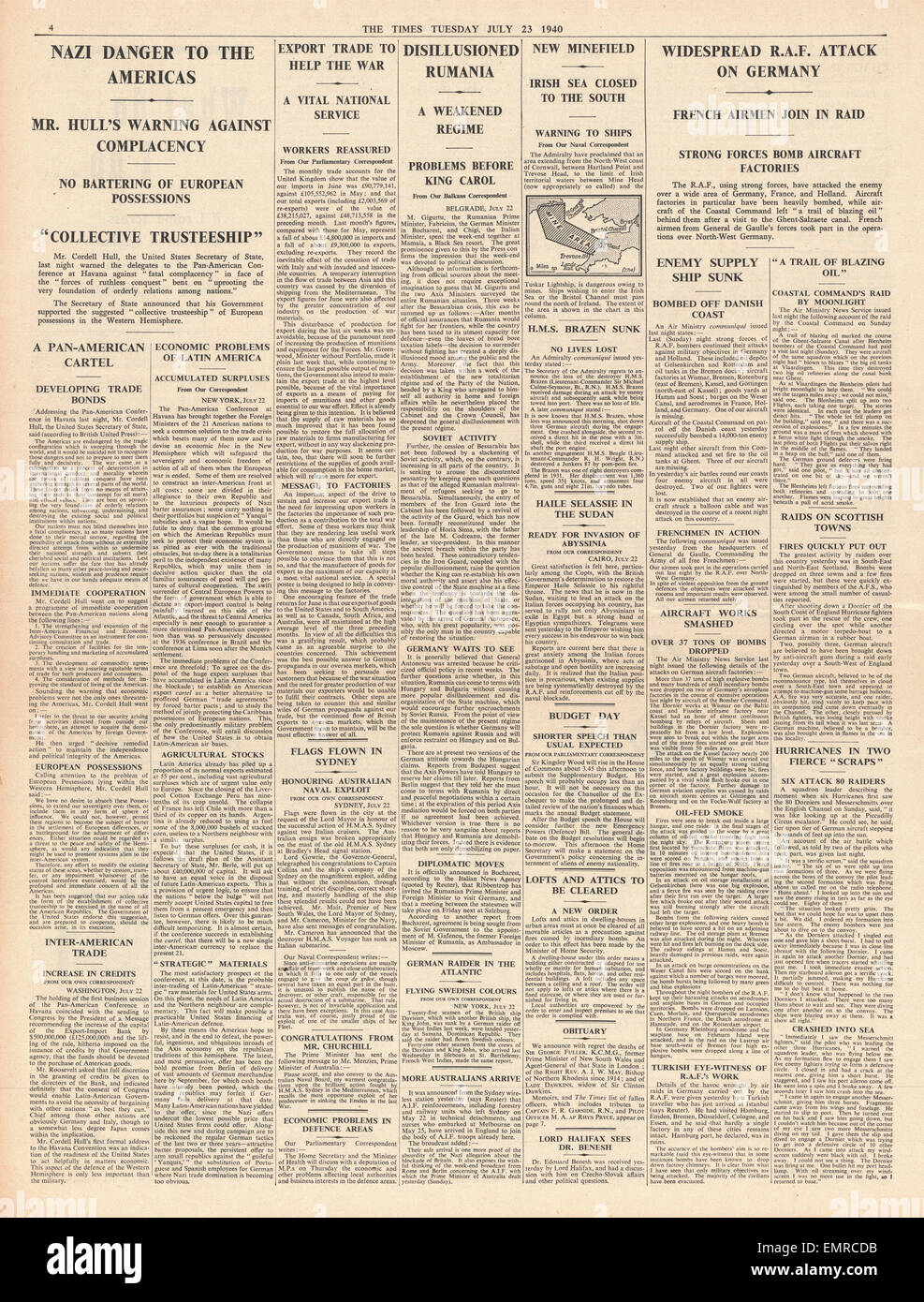 1940 page 4 la fois Cordell Hull discours le danger allemand à l'Amérique RAF bombardements sur l'Allemagne Banque D'Images