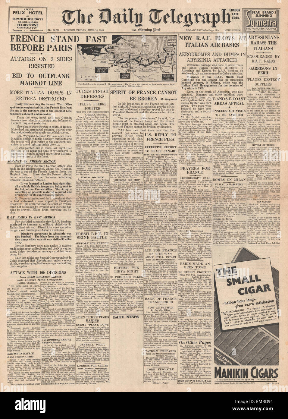 1940 front page Daily Telegraph armée française se préparent à défendre ...