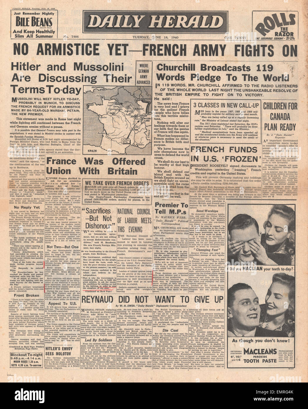 1940 front page Daily Herald Discours Churchill nous nous battrons sur invincible Banque D'Images