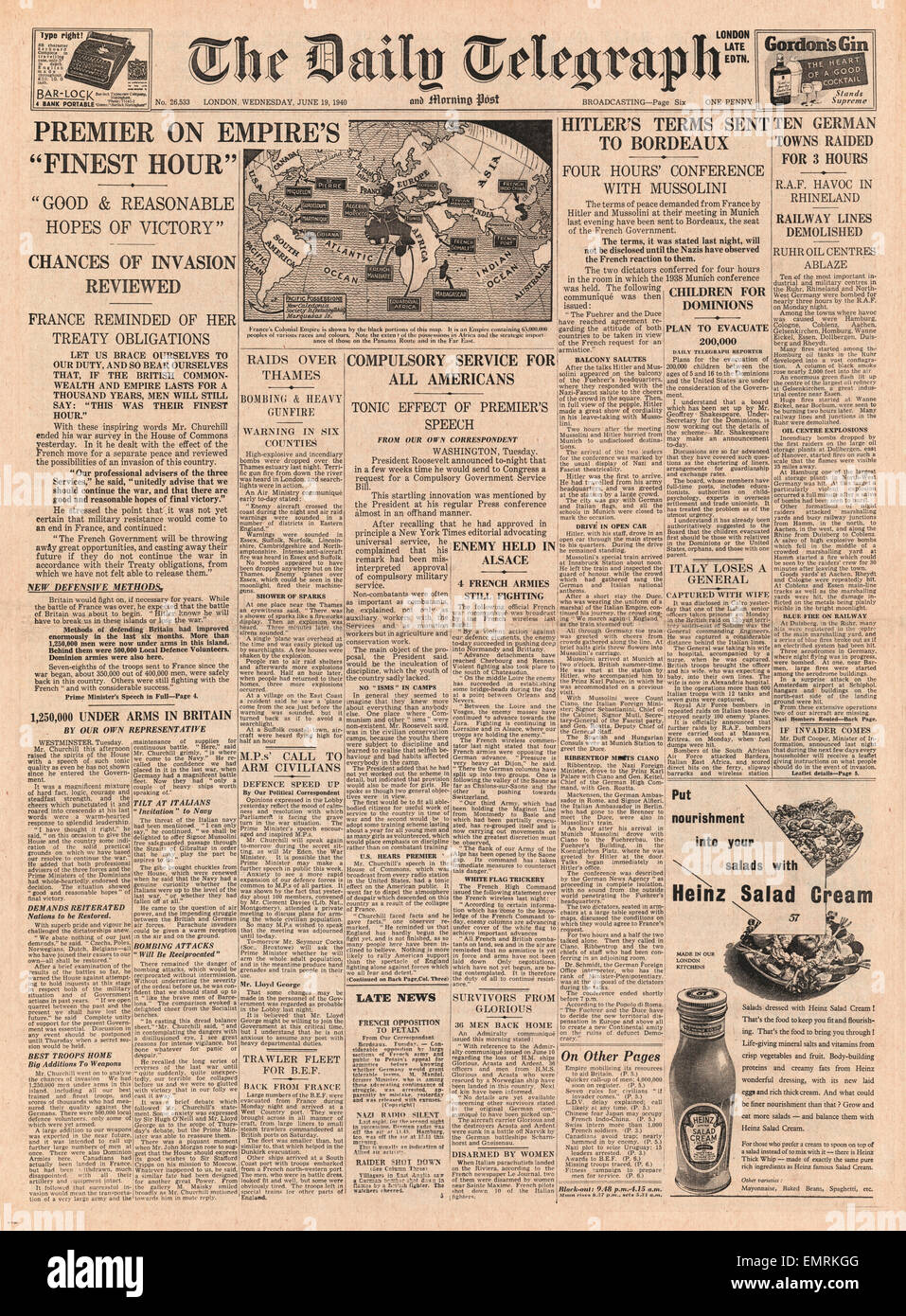 1940 front page Daily Telegraph "Churchill's Finest Hour' Discours Banque D'Images