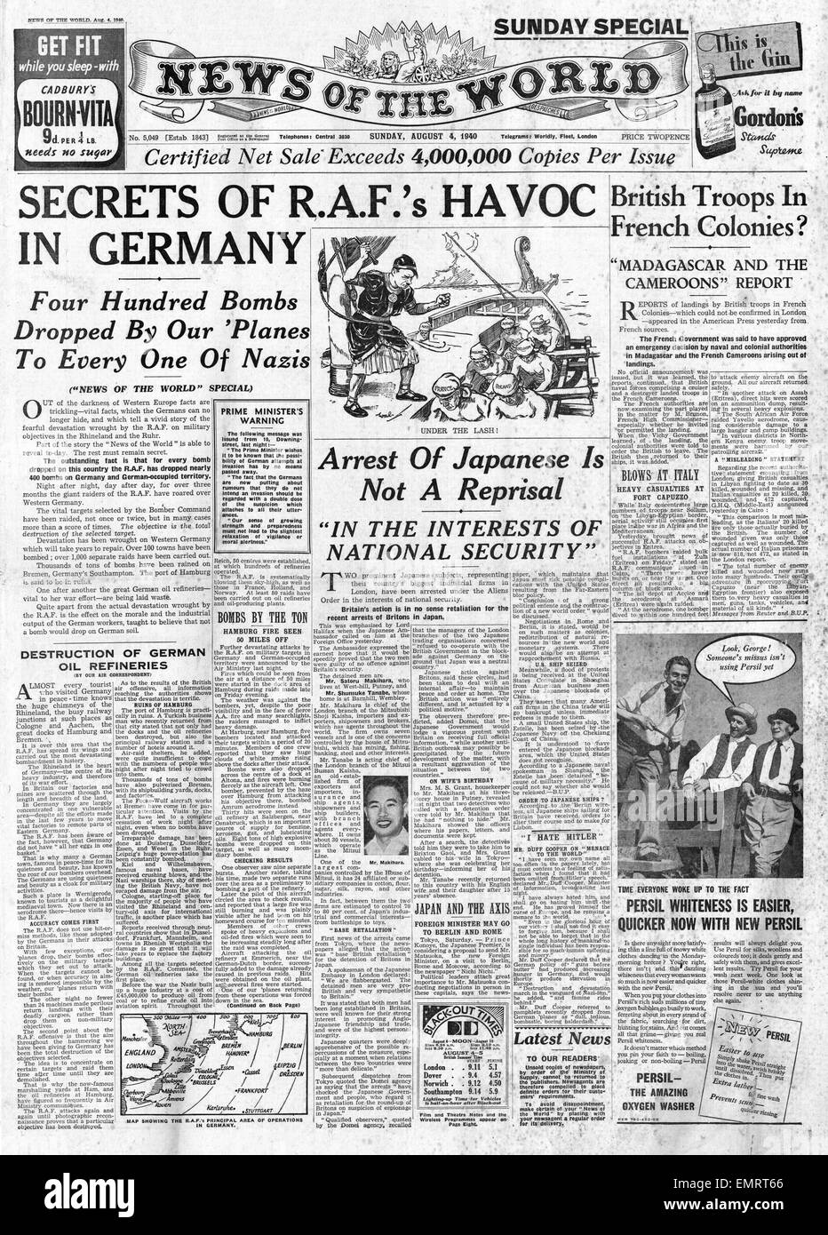 1940 front page News du monde RAF des raids de bombardement sur l'Allemagne Banque D'Images