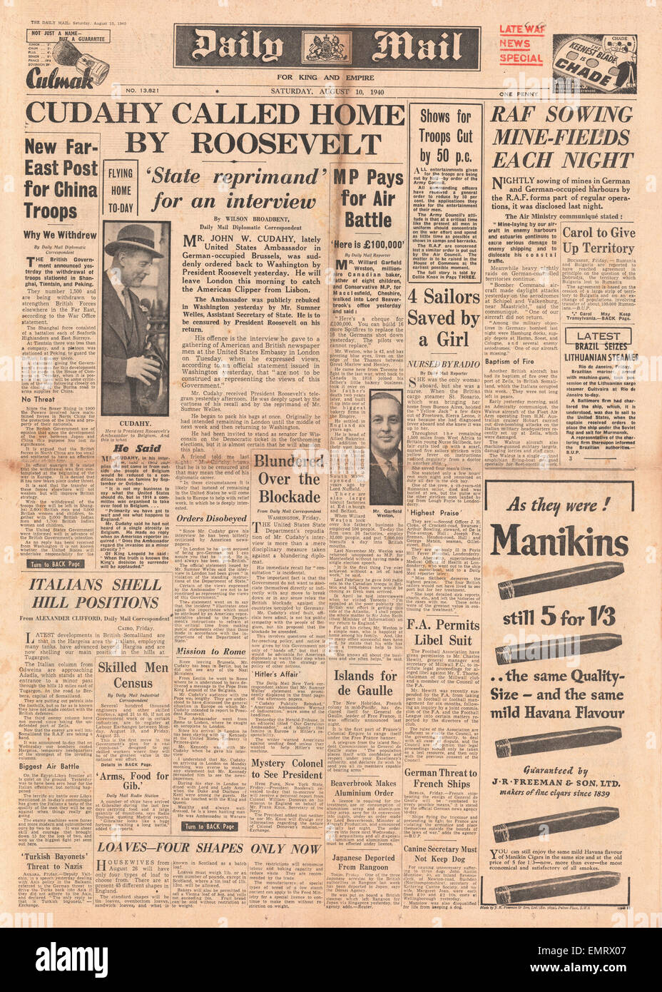 1940 front page Daily Mail l'ambassadeur américain John Cudahy appelé Accueil par le président Roosevelt Banque D'Images