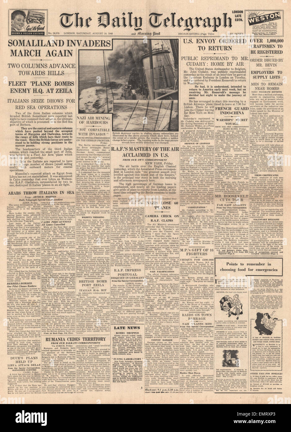 1940 front page Daily Telegraph l'ambassadeur américain John Cudahy appelé Accueil par le président Roosevelt bataille pour le Somaliland Banque D'Images