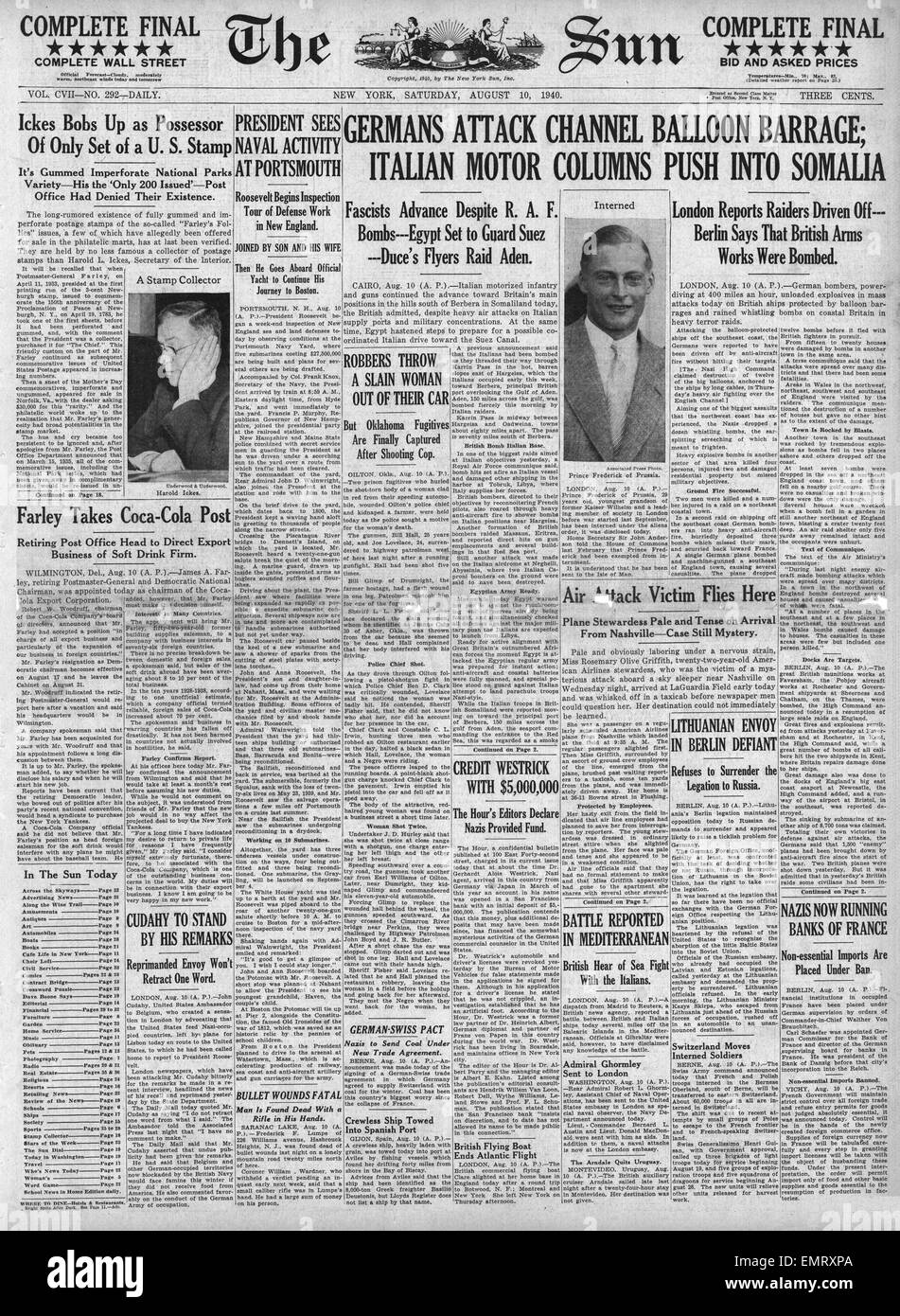 1940 front page Le Soleil (New York) les bombardiers allemands sur le canal d'Italiens l'avance au Somaliland Banque D'Images