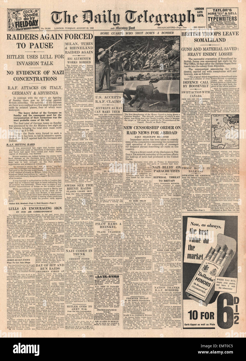 1940 front page Daily Telegraph Pause dans les raids sur l'London South East les troupes britanniques quittent le Somaliland Banque D'Images