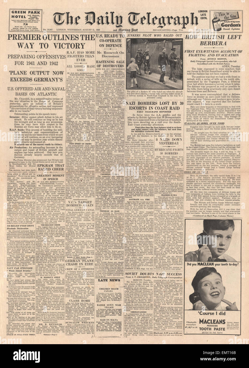 1940 front page Daily Telegraph Churchill discours décrit preperations pour "la victoire finale" Banque D'Images