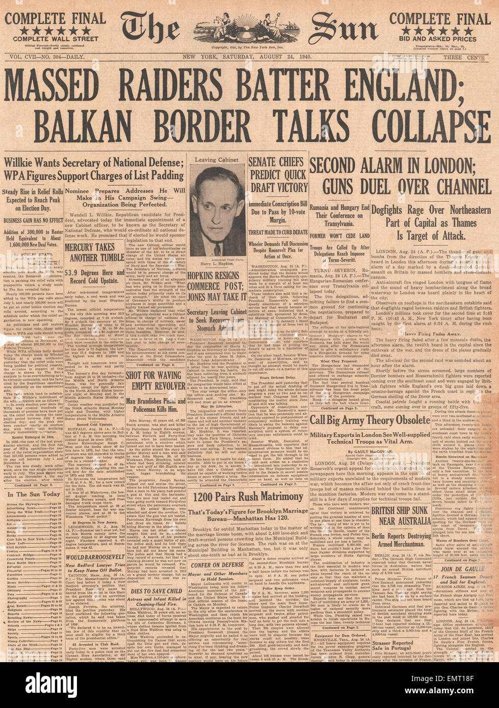 1940 front page Le Soleil (New York) Luftwaffe raids sur l'Angleterre des pourparlers de paix des Balkans Banque D'Images