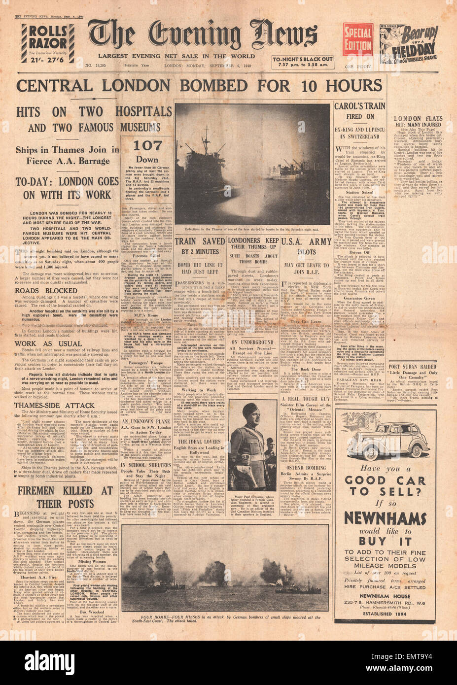 1940 Front Page News Soirée Luftwaffe massif bombardement sur Londres Banque D'Images