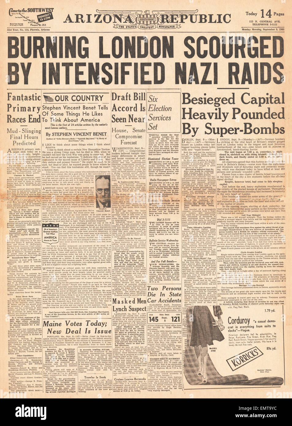 1940 front page Arizona Republic Luftwaffe massif bombardement sur Londres Banque D'Images