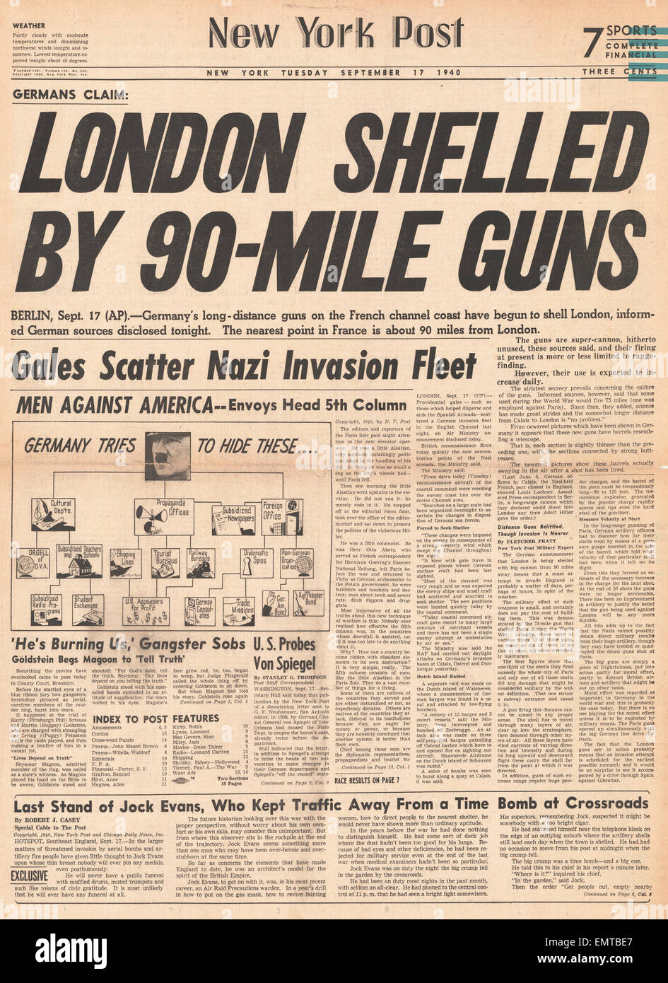 1940 front page New York Post Londres bombardée par l'Allemand super gun Banque D'Images