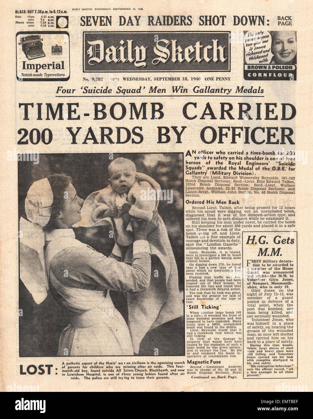 1940 front page Sketch quotidien des agents de neutralisation des bombes décerné des médailles Galantry Banque D'Images