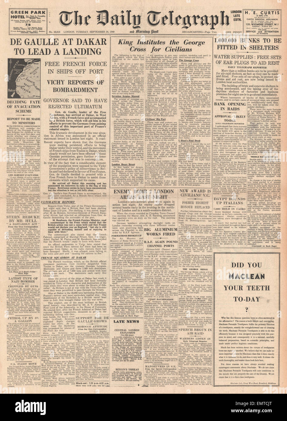 1940 front page Daily Telegraph Royal Navy bombarde Dakar Le roi George ...