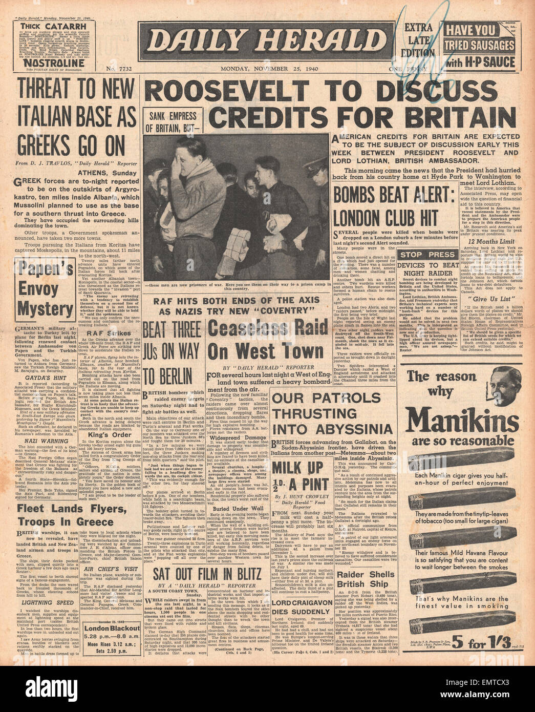 1940 front page Daily Herald Roosevelt pour discuter de crédits pour la Grande-Bretagne Banque D'Images
