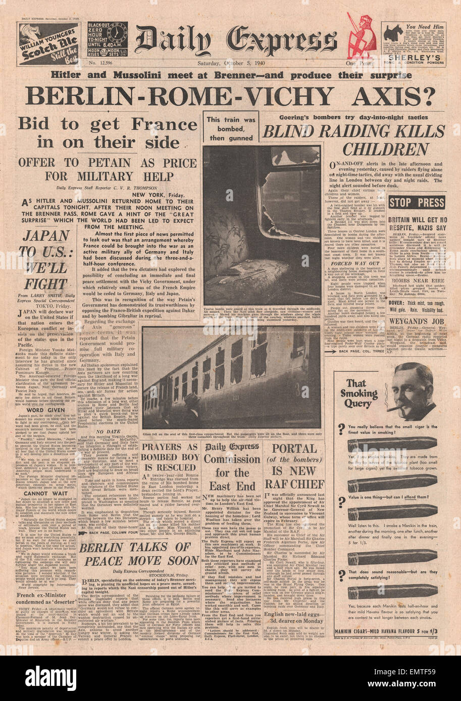 1940 front page Daily Express offre l'axe de la France sur le côté Banque D'Images