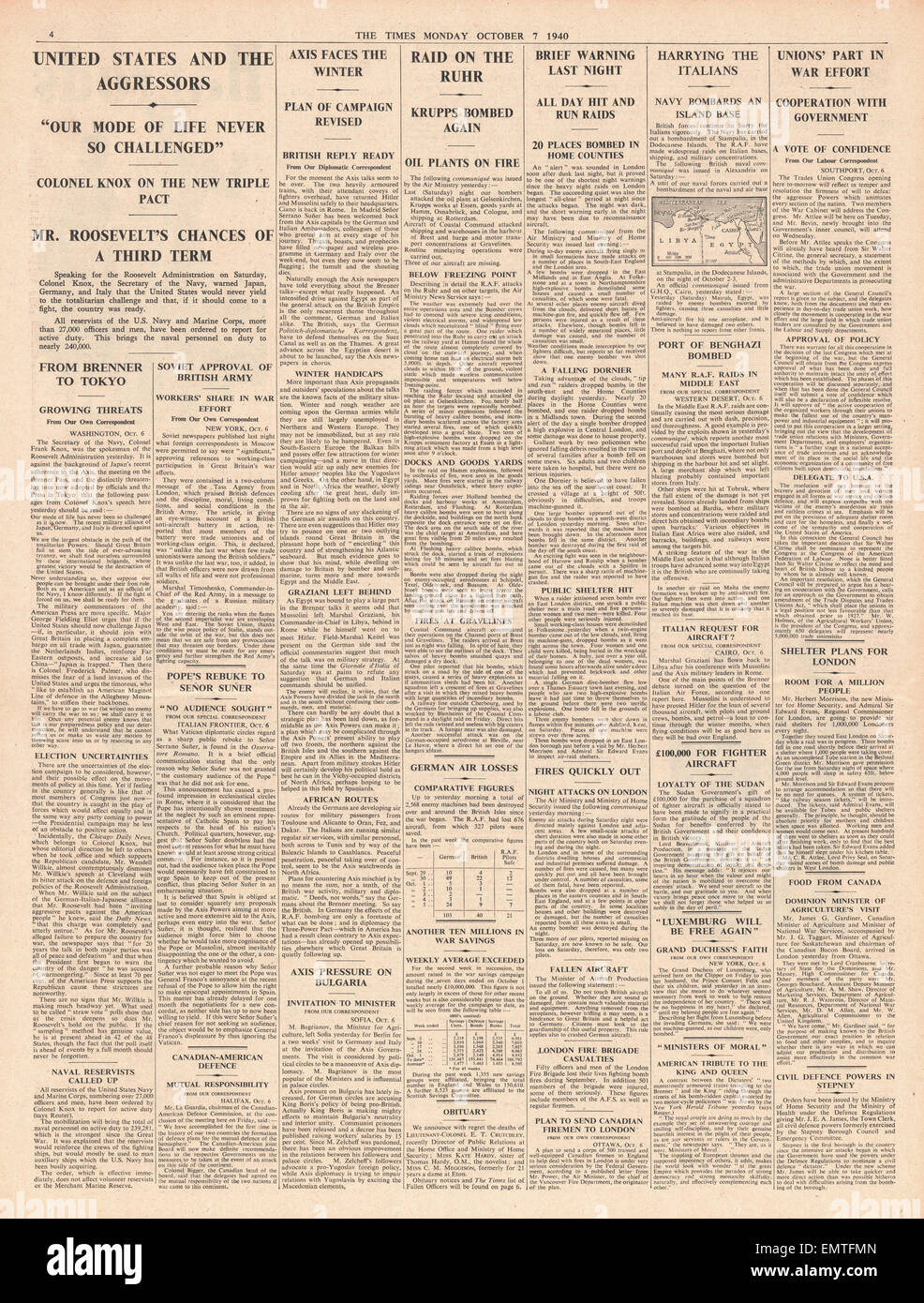 1940 page 4 l'époque des raids de la RAF en Allemagne Le Colonel Frank Knox discours sur la politique du gouvernement des États-Unis Banque D'Images