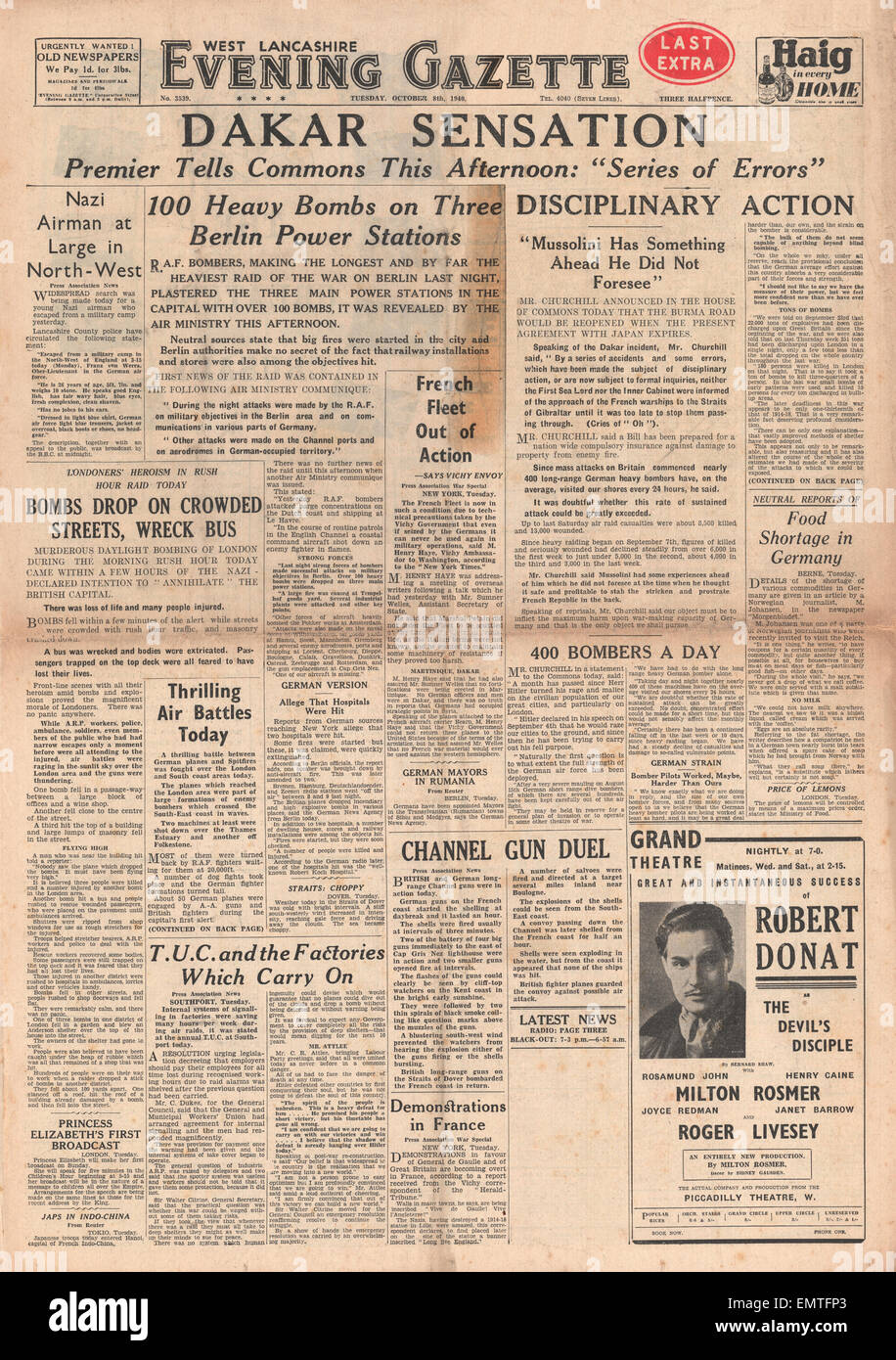1940 front page Evening Gazette Churchill discours à Dakar Banque D'Images