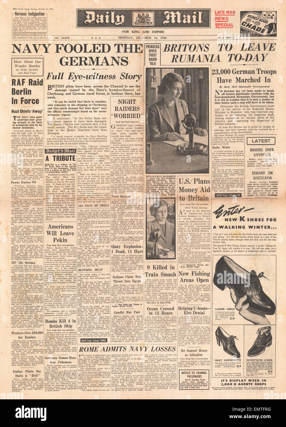 1940 front page Daily Mail Royal Navy bombarde Cherbourg La princesse Elizabeth a fait son premier discours de diffusion Banque D'Images