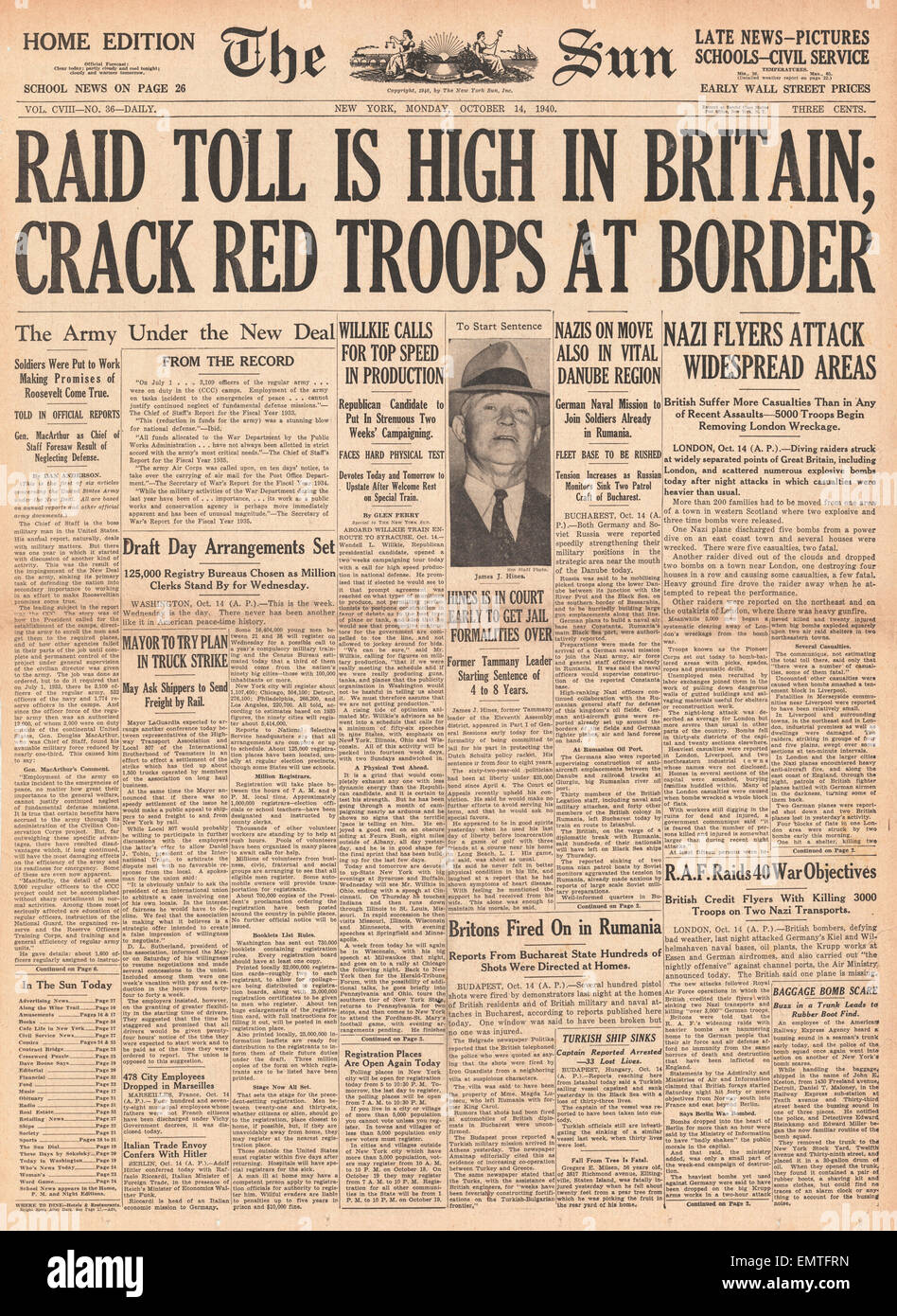 1940 front page Le Soleil (New York) des victimes des raids aériens allemands Banque D'Images