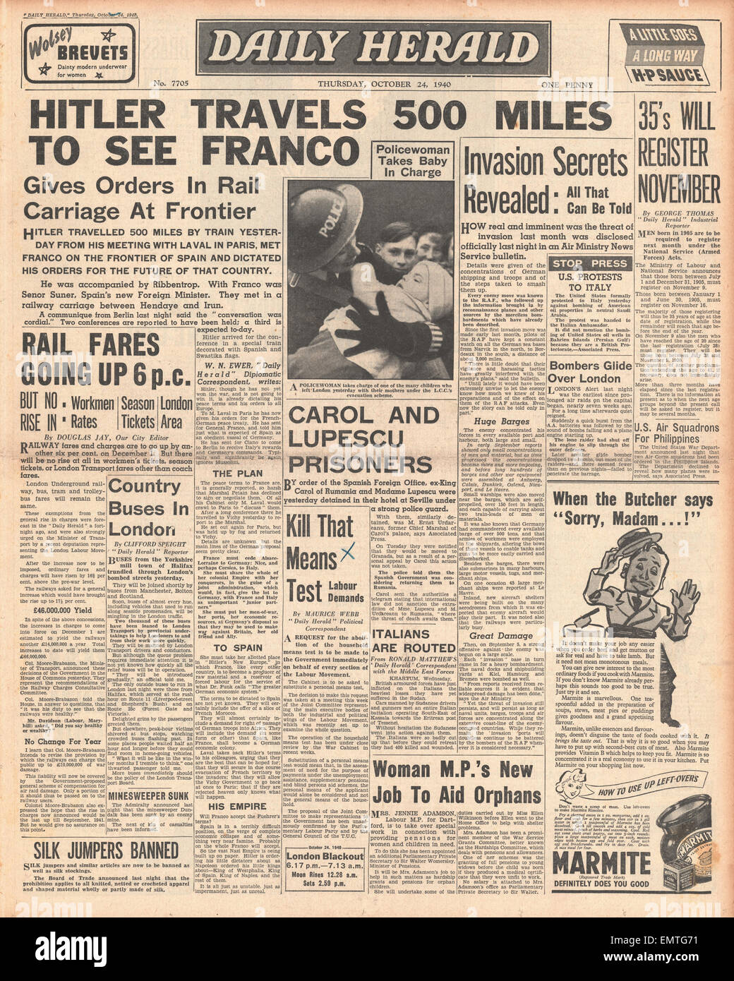 1940 front page Daily Herald Hitler rencontre Franco sur le français - Frontière espagnole Banque D'Images