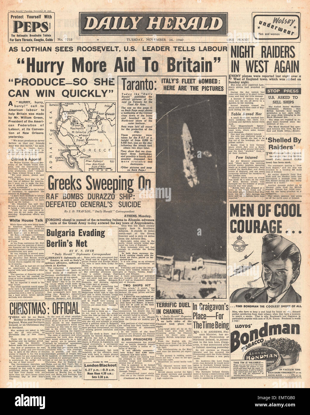 1940 front page Daily Herald William Green demande de se presser davantage d'aides à Britan Banque D'Images
