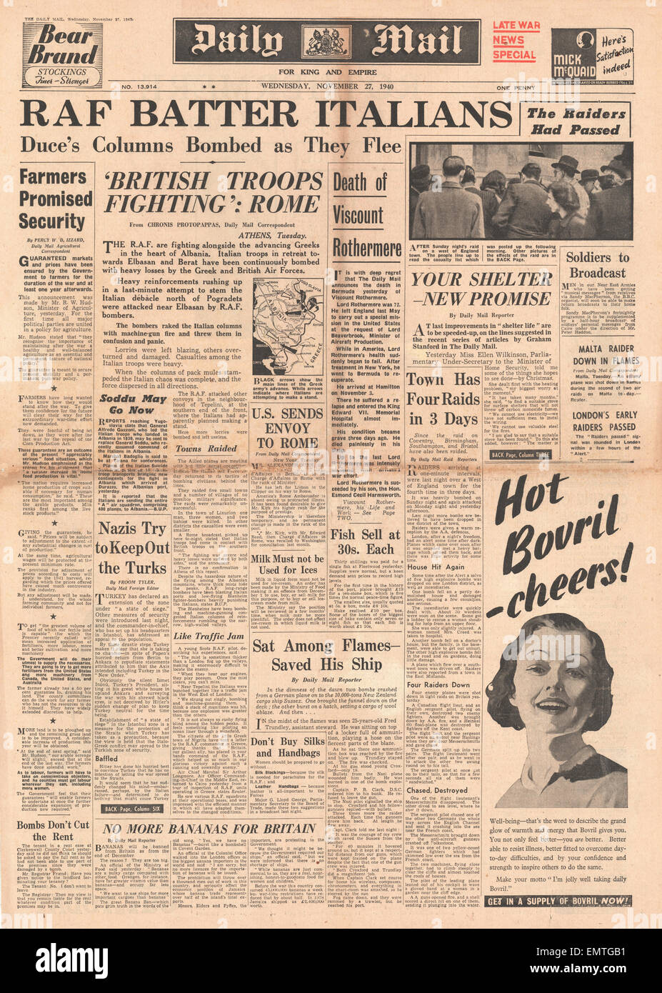 1940 front page Daily Mail RAF batter les forces italiennes décès de Lord Rothermere Banque D'Images