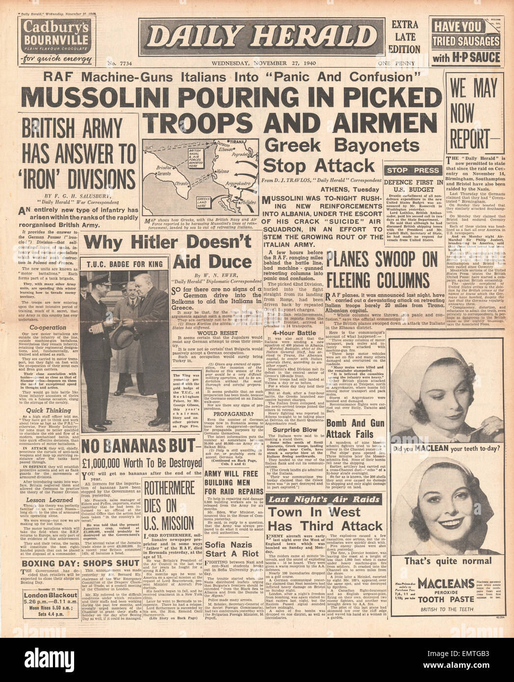 1940 front page Daily Herald Mussolini envoie re-antérieus à l'Albanie décès de Lord Rothermere Banque D'Images