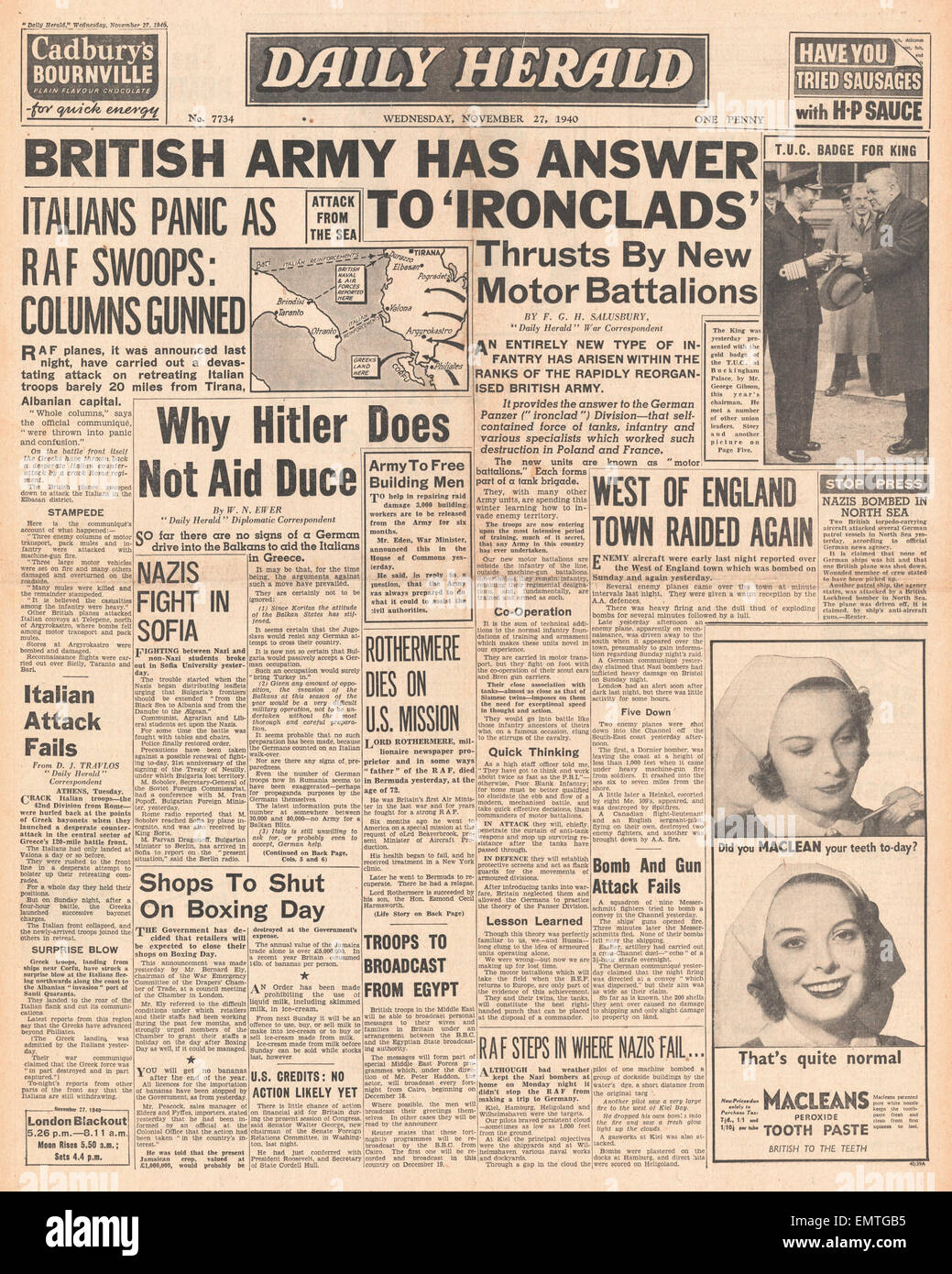 1940 front page Daily Herald présente l'armée britannique Lord Rothermere bataillons moteur meurt Banque D'Images