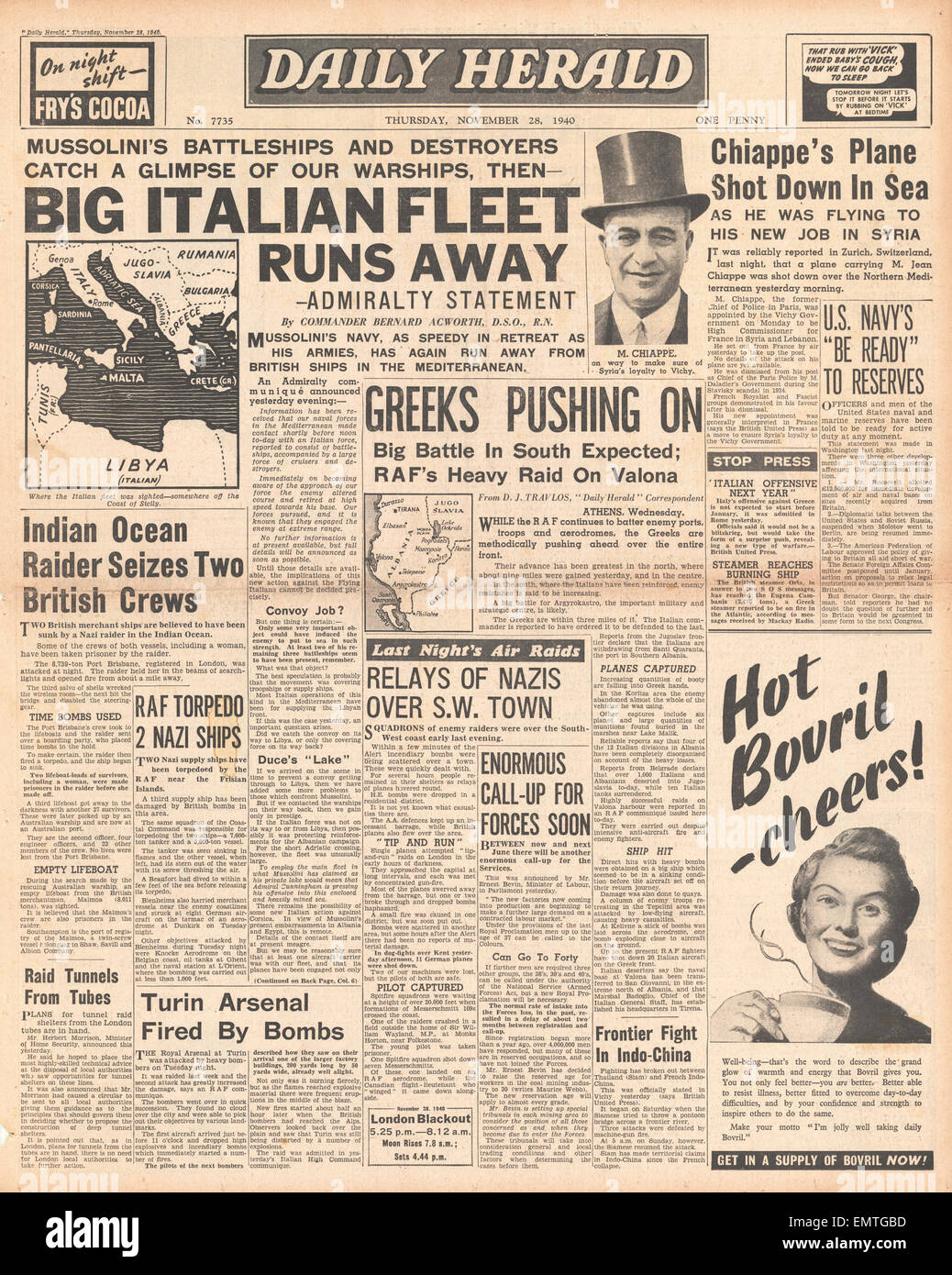 1940 front page Daily Herald Marine italienne se retire à coffre Banque D'Images