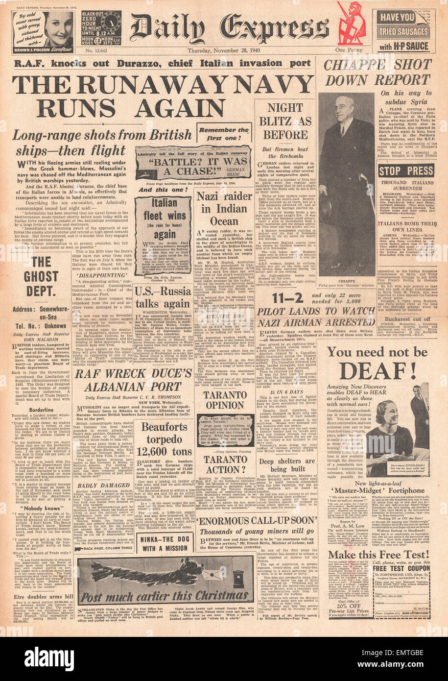 1940 front page Daily Express pour la sécurité des retraites de la Marine italienne Banque D'Images