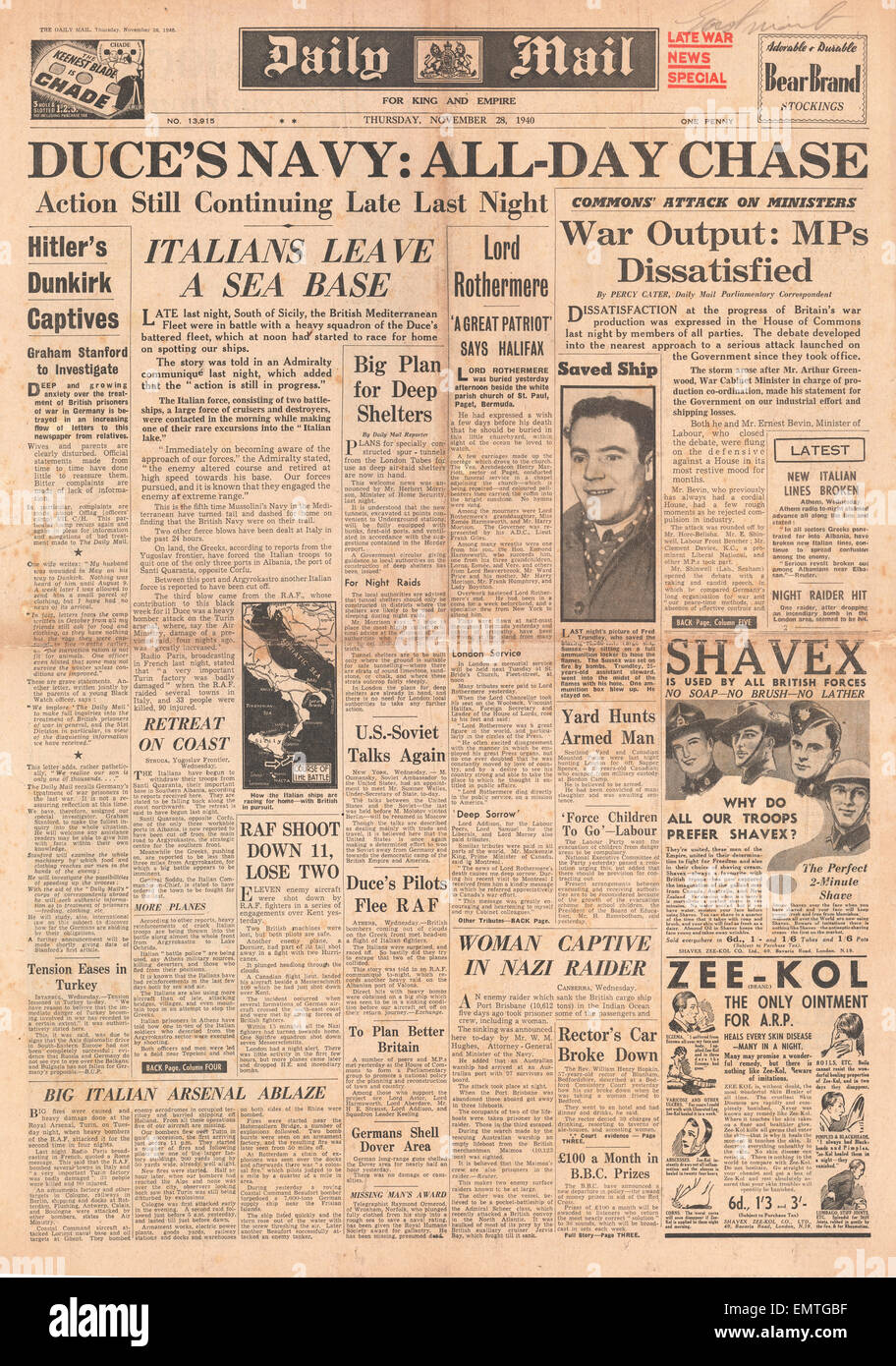 1940 front page Daily Mail Marine italienne se retire à coffre Banque D'Images