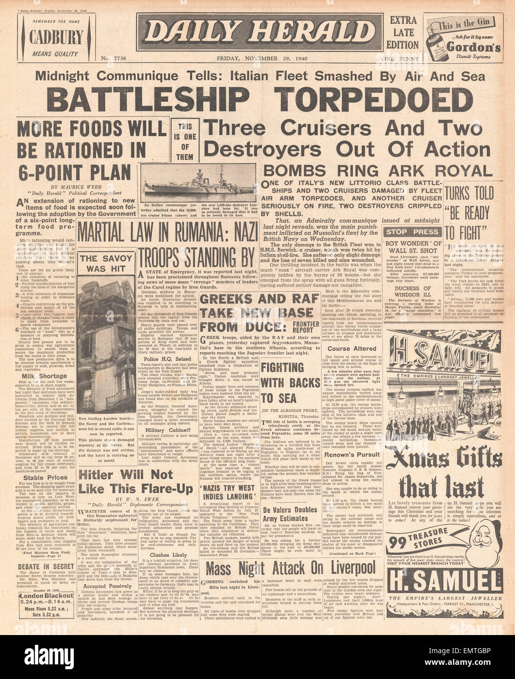 1940 front page Daily Herald flotte italienne batailles de la Royal Navy en Méditerranée Banque D'Images