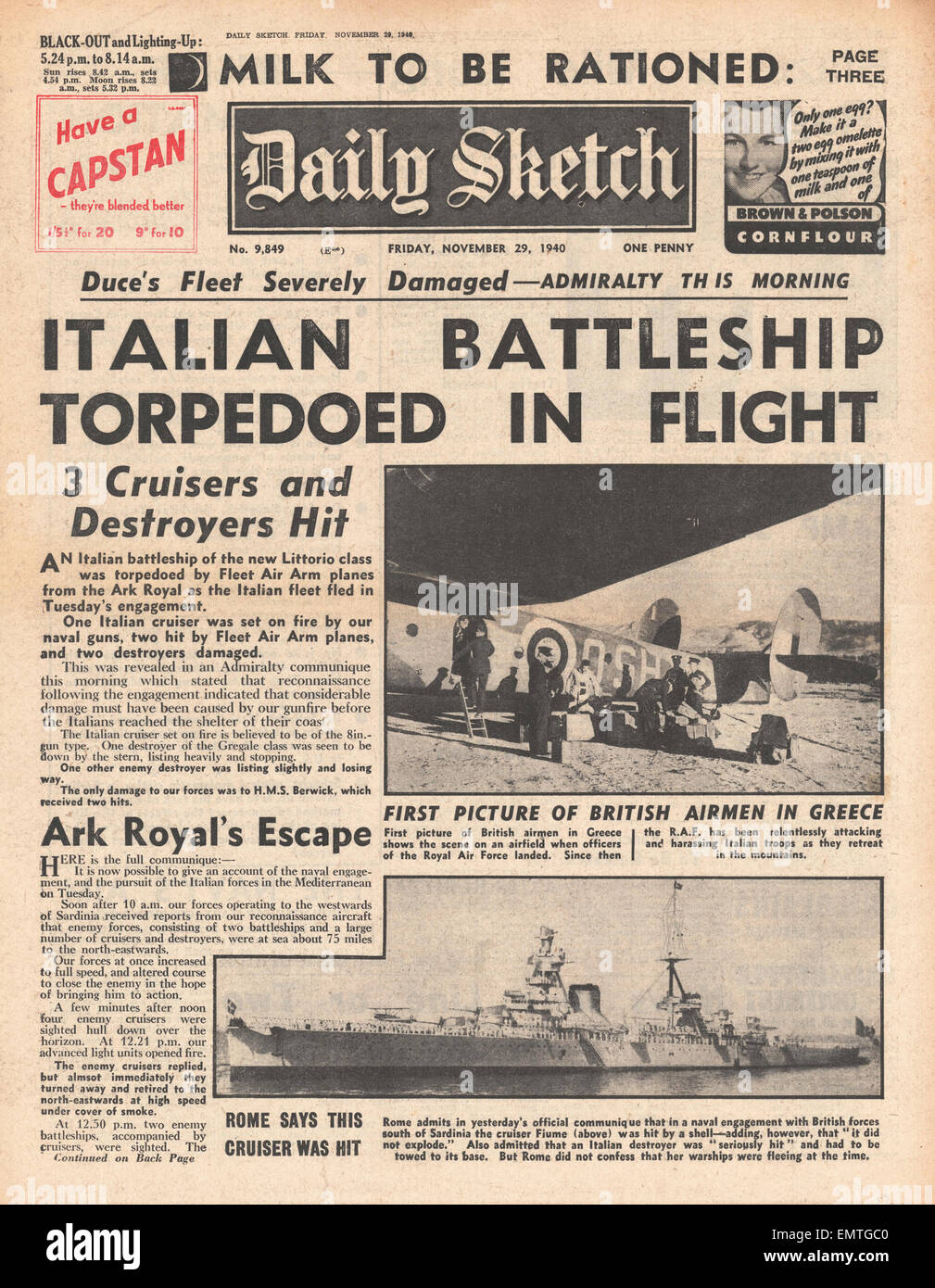 1940 front page Daily Sketch flotte italienne Royal Navy battles en Méditerranée Banque D'Images